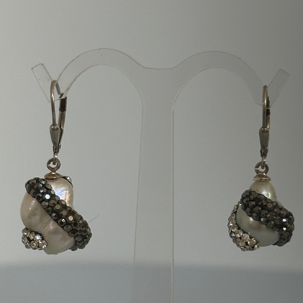 925 sterling silver real Pearl and Crystal Drop Earrings